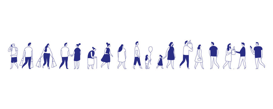Background stylized people silhouette line vector set isolated on white. People crowd. Men and women, kids walking outdoor. Contour, drawing, people, character
