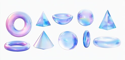 Glossy Geometric Shapes Spheres, Pyramids, Torus, Hemisphere On White Backdrop