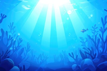 Obraz premium Sunlight streams through clear blue water, illuminating underwater plants and a lone fish swimming among coral and rocks.
