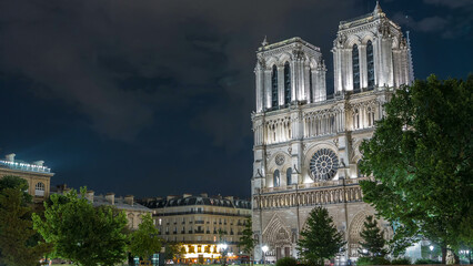 Night view of Notre Dame de Paris timelapse, France
