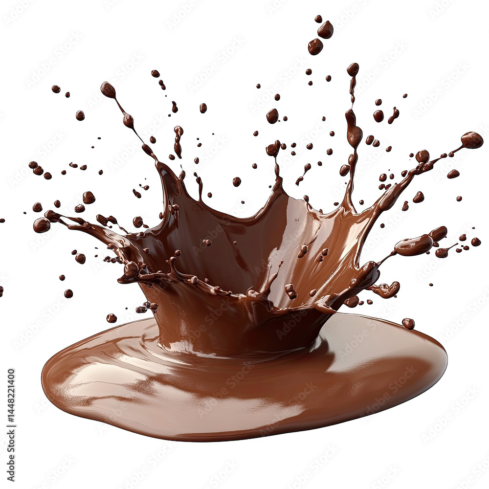 Poster a dynamic splash of rich chocolate liquid creating an artistic fountain effect. set against a clean 