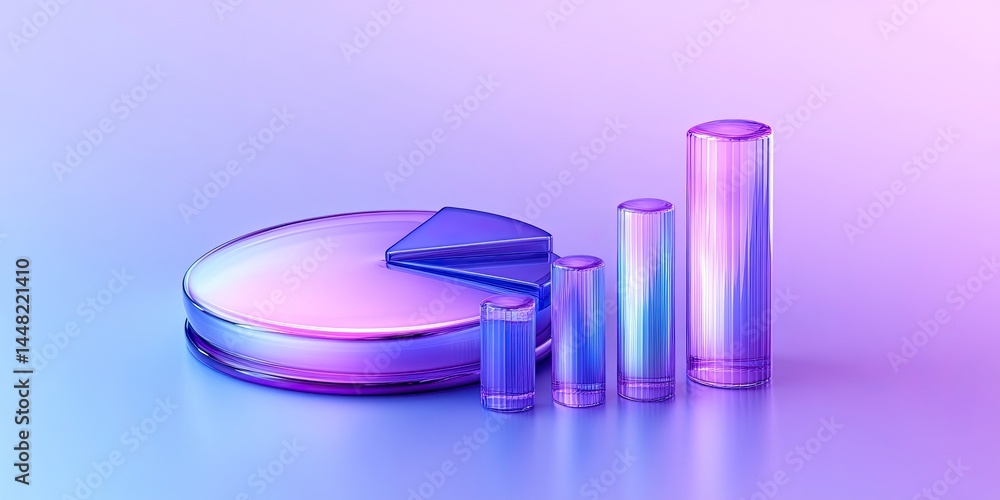 Poster glossy pie chart with segment and bar columns in blue purple gradient design