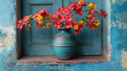 Vibrant red and yellow flowers in a rustic teal vase on a weathered blue window sill.