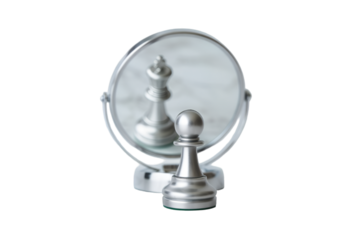chess pawn in front of a mirror reflects the king on a transparent background
