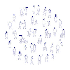 Minimalist line art vector of faceless people walking outdoors. Men, women, and kids in city crowd. Stylized contour illustration of urban pedestrians isolated on white background.