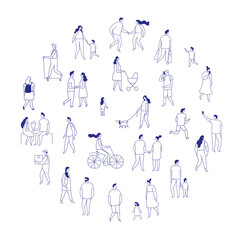 Minimalist line vector illustration of city people crowd. Men, women, and kids walking outdoors. Stylized contour drawing of faceless characters, isolated on white background.