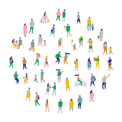 Background stylized people silhouette line vector set isolated on white. People crowd. Men and women, kids walking outdoor. Contour, drawing, people, character