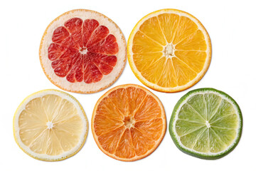Obraz premium Colorful sliced citrus fruits with juicy textures, ideal for advertisements, food blogs, and wellness visuals.