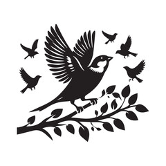 Sparrow birds icon black silhouette seat on the tree with white background