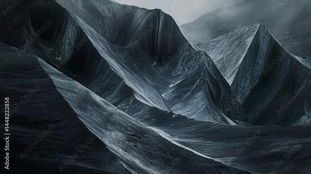 Poster dark, textured mountain landscape, sharp angular peaks and valleys create a dramatic, abstract image