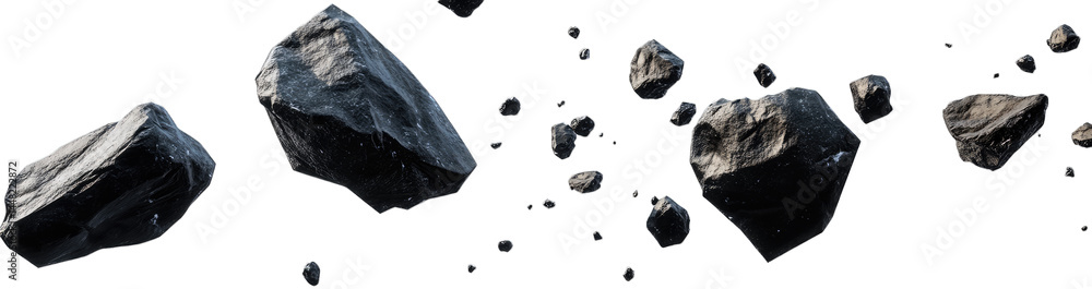 Poster a dynamic scene featuring a collection of floating black rocks in a surreal space environment. showc