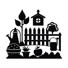 Rustic Countryside Garden Silhouette Vector with Fence and Plants