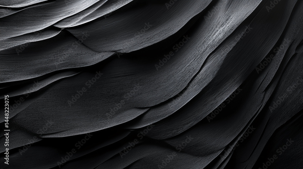 Poster Dark gray textured surface with wavy, layered pattern creating depth and shadows, showcasing abstract elegance ideal for modern design