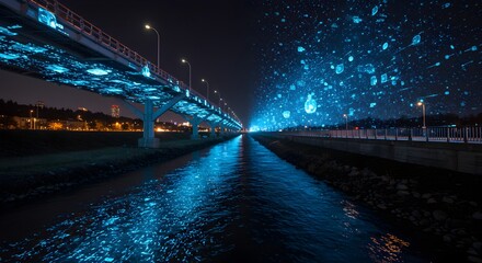 Fototapeta premium Illuminated cityscape bridge at night with bioluminescent waters and ethereal elements