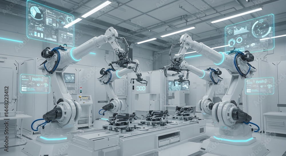 Poster automated production line with robotic arms and futuristic digital interfaces