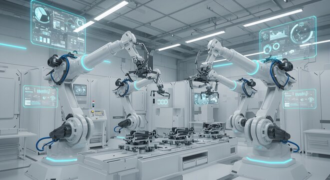 Automated production line with robotic arms and futuristic digital interfaces