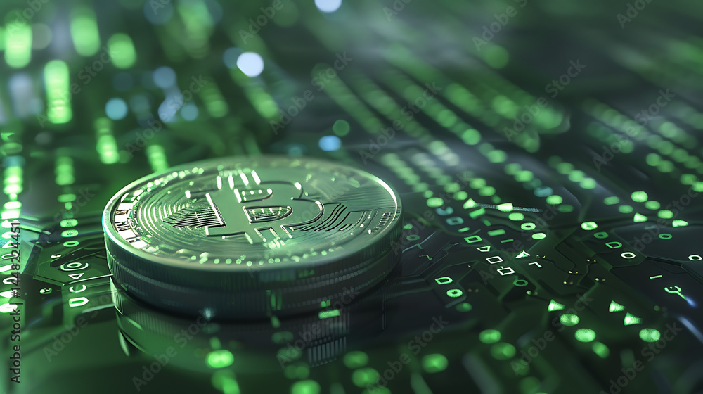 Poster physical cryptocurrency coin on a glowing green circuit board background with digital data streams. 