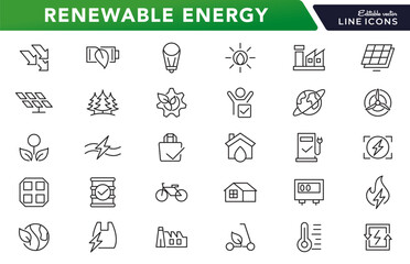 Renewable Energy line icon set. Green technology, energy, power, supply, ecology, eco, electricity, neutral, leaf, nature, solar, panel vector line icon set. Ui thin line icon pack.