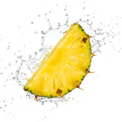 Fresh pineapple slice with water splash on white background, ai generative