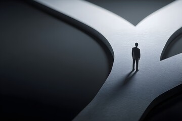 A solitary figure stands at a crossroads, facing a significant decision with two diverging paths ahead in a dramatic and symbolic representation of choice.