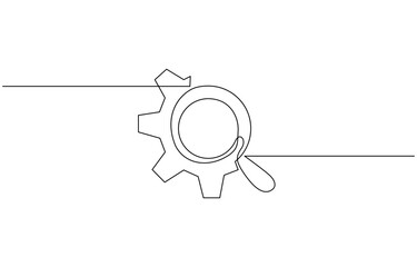 Gear and magnifying glass linear icon. Continuous one line drawing gear and magnifying glass icon, Business analysis and engine optimization in outline style.