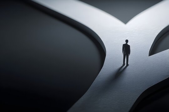 A solitary figure stands at a crossroads, facing a significant decision with two diverging paths ahead in a dramatic and symbolic representation of choice.