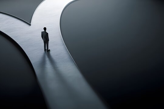 A solitary figure in a suit stands at the intersection of two diverging paths, symbolizing decision-making and the uncertainty of choosing between different life or business directions.