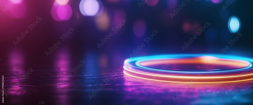 Poster circular neon light installation with blurred bokeh background in gradient colors
