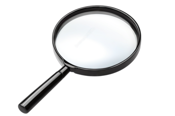 A close-up view of a black-handled magnifying glass resting on a white surface. showcasing its reflective lens. ideal for enhancing text visibility. in a study or research setting