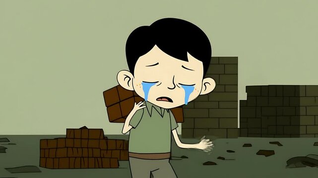 A child carrying bricks, overwhelmed by a disaster.  A sad scene of ruin and destruction