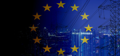European energy crisis. Cityscape and electricity pylon. Infrastructure vulnerability. Blackout...