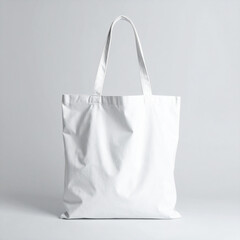 Minimalist white cotton tote bag with handles against light backdrop. Eco-friendly mock up.