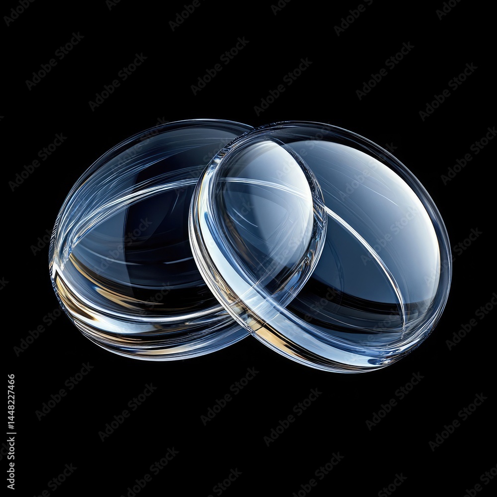Poster intersecting clear glass orbs with refraction and reflections on black background
