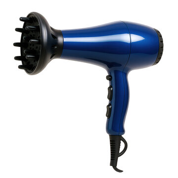Sleek blue electric hair dryer featuring a large black diffuser attachment, designed for versatile hair styling.