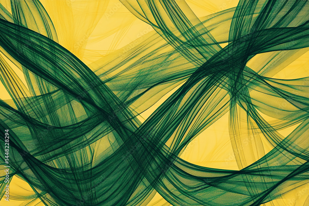 Poster abstract image of interwoven green and yellow fabric, creating a flowing, dynamic design suggestive 