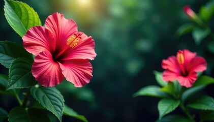 Bold hibiscus blooms, lush tropical foliage, vibrant color palette, lush, jungle, bloom