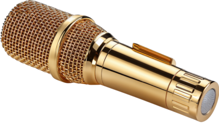 Golden Microphone: A detailed photograph showcases a close-up of a professional golden microphone, capturing its elegant design and sophisticated craftsmanship.