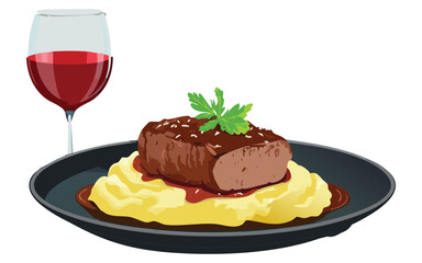 beef steak and wine - vector illustration
