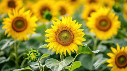 Fototapeta premium A close-up of fresh green and yellow sunflowers.