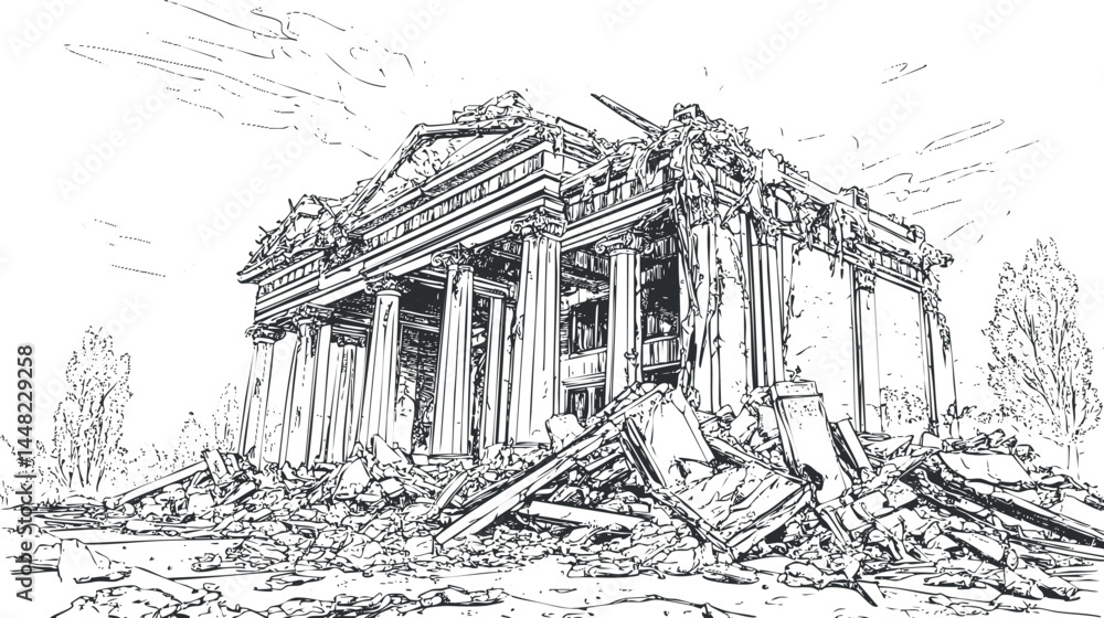 Aufkleber detailed black and white line drawing of a classical ancient building in ruins with collapsed column