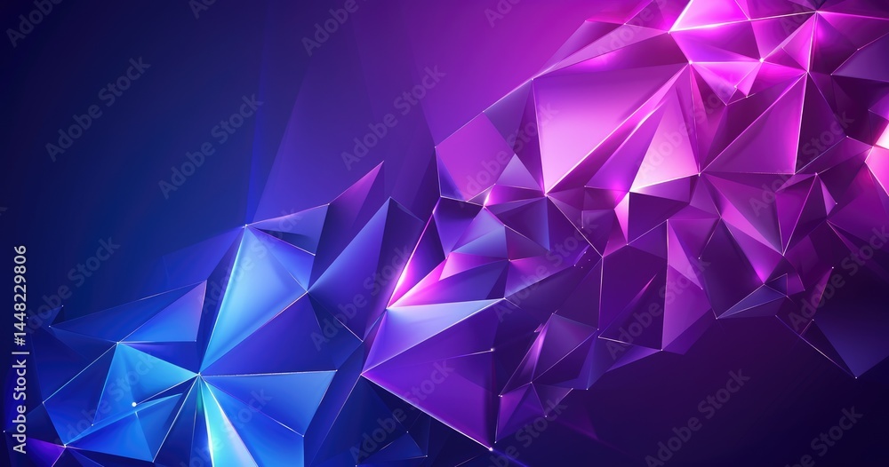 Poster abstract geometric shapes in vibrant purple and blue hues create a dynamic visual effect.