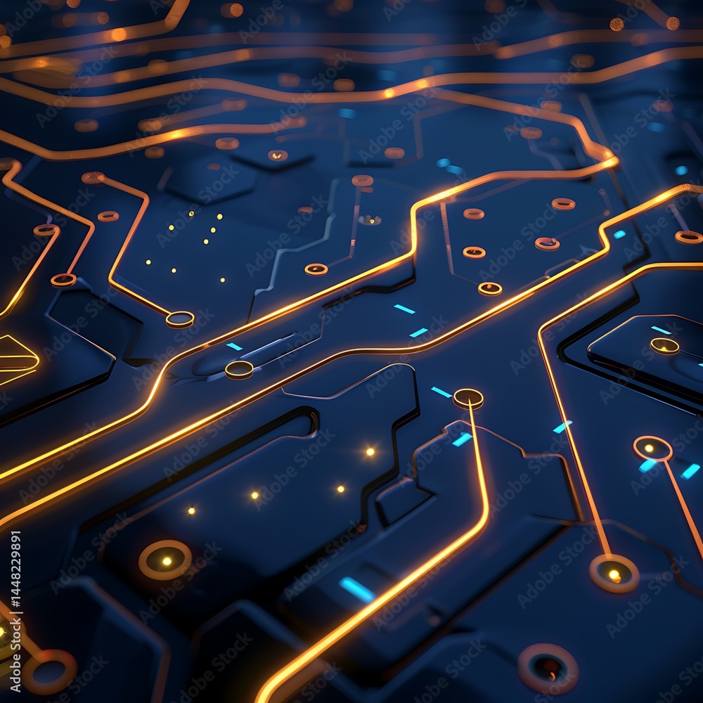 Poster perspective view of a dark circuit board with glowing orange and blue lines representing data pathwa