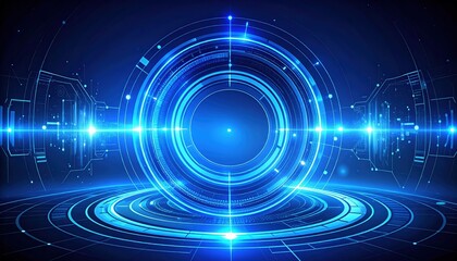 A vibrant futuristic technology background featuring interconnected blue circles, illuminated by glowing lights, creating a dynamic and modern atmosphere.
