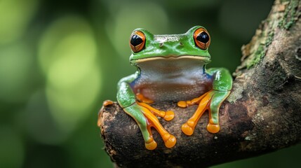Fototapeta premium A vibrant green frog perches on a branch in a lush environment. This image captures the beauty of nature and wildlife. Perfect for educational and artistic purposes. Generative AI