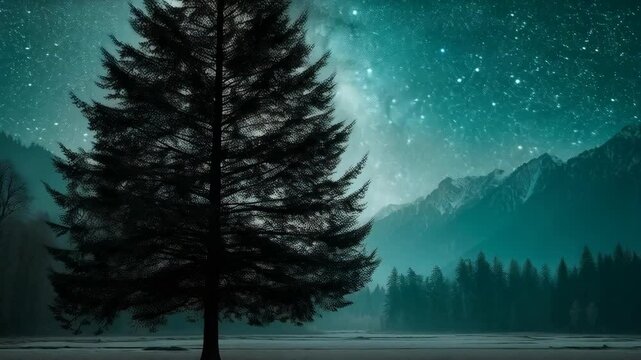 A lone pine tree stands prominently against a backdrop of snowy mountains and a starlit teal sky at night.