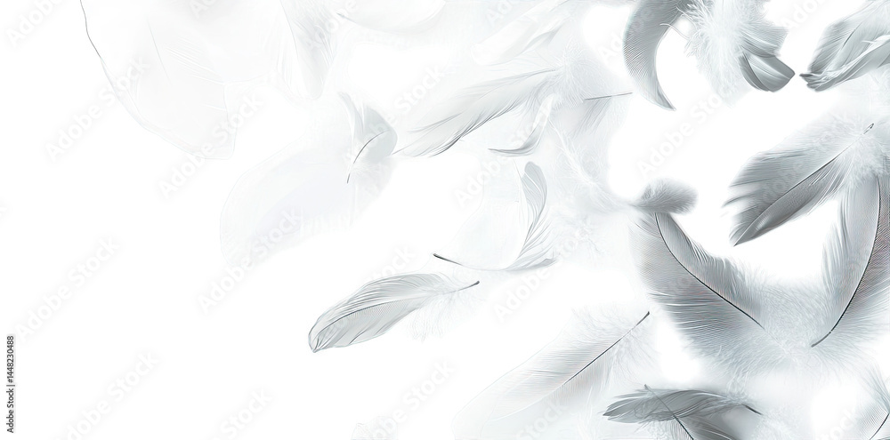 Poster a serene collection of delicate white feathers gracefully floating against a black background. creat