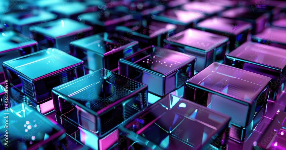 Poster a vibrant array of translucent cubes illuminated in shades of blue and purple.