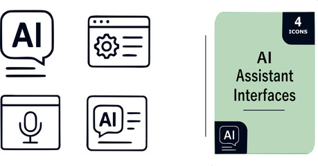 Futuristic AI Assistant Interface Icons,Dark Blue Vector Set