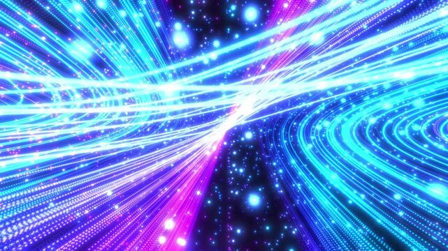 Digital futuristic tunnel or travel in time and space at high speed, moving bright neon lines and a stream of glowing particles. High-tech corridor, warp speed, wormhole