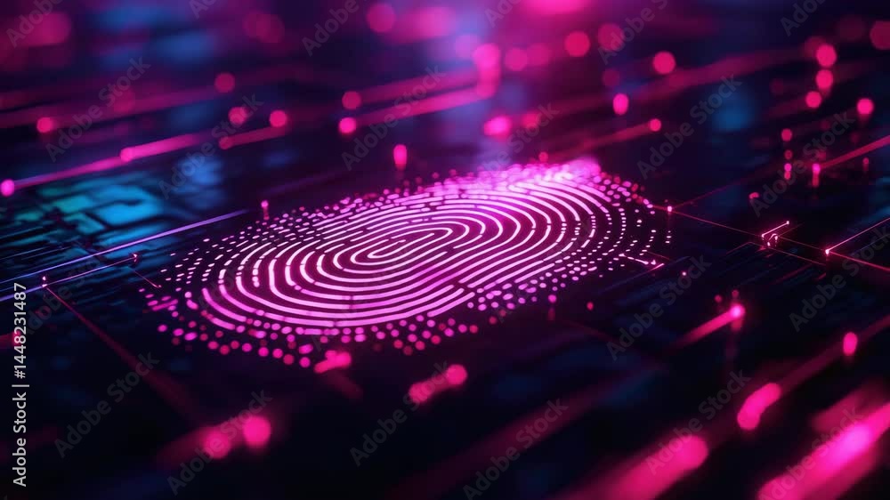Poster futuristic fingerprint design with glowing digital elements in vivid colors.